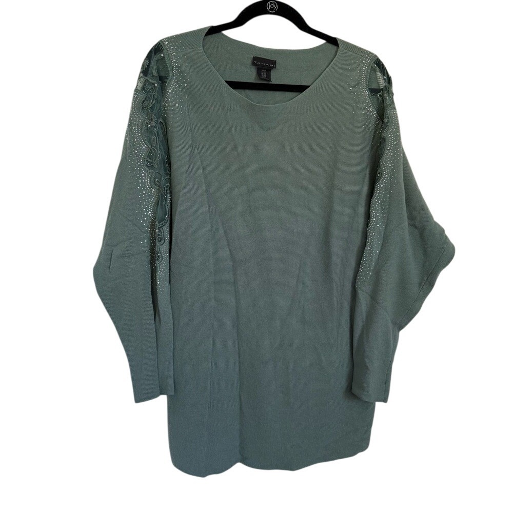 Tahari Sage Green Embellished‎ Lace Studded Detail Bateau Sweater Women's 1X EUC